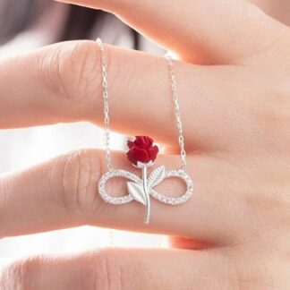 925 Sterling Silver Red Rose Infinity Necklace With White Stone