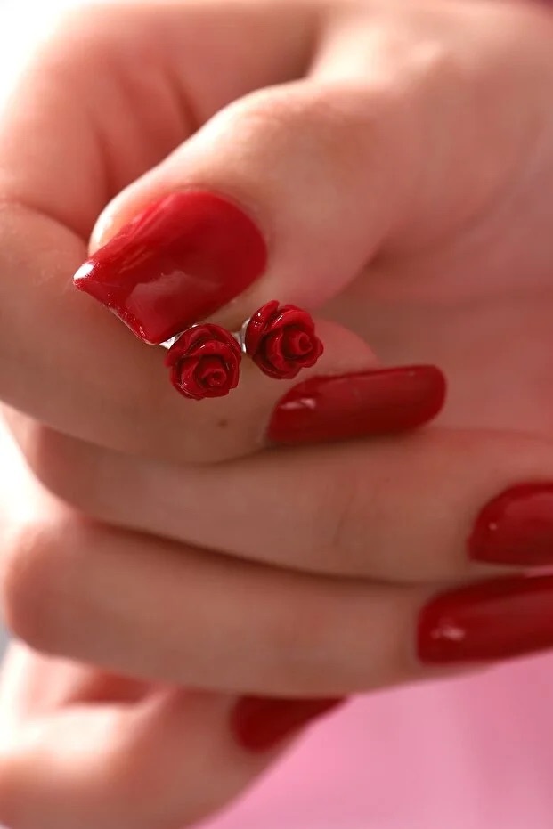 925 Sterling Silver Gold Plated Red Rose Earrings For Women - Image 2