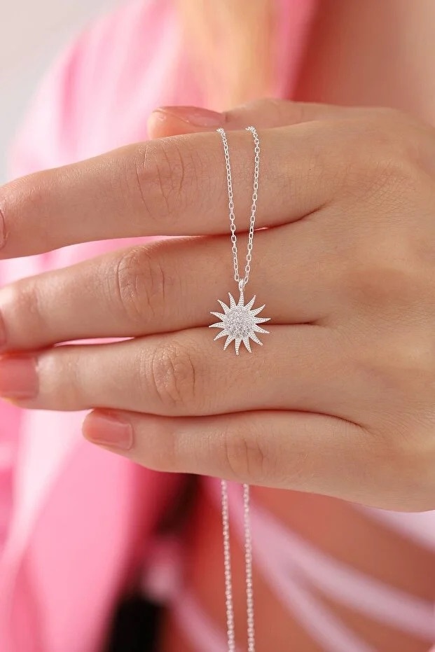 925 Sterling Silver Sun Pendant Necklace With White Zircon Stone - Image 2