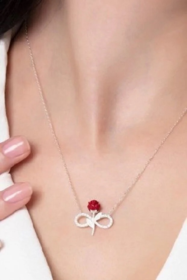 925 Sterling Silver Red Rose Infinity Necklace With White Stone - Image 2