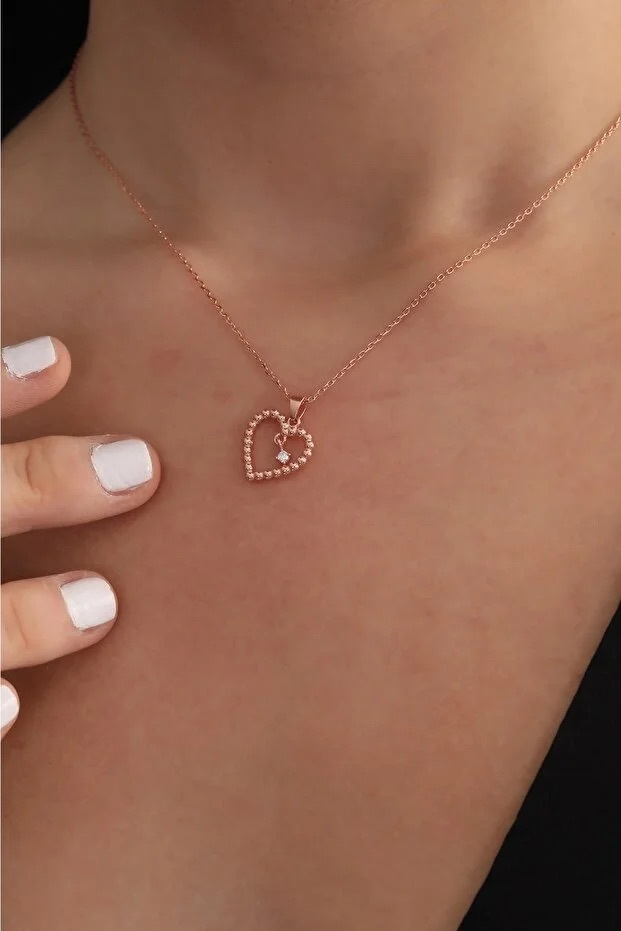 925 Sterling Silver Rose Gold Plated Heart Solitaire Necklace With White Zircon Stone - Image 2