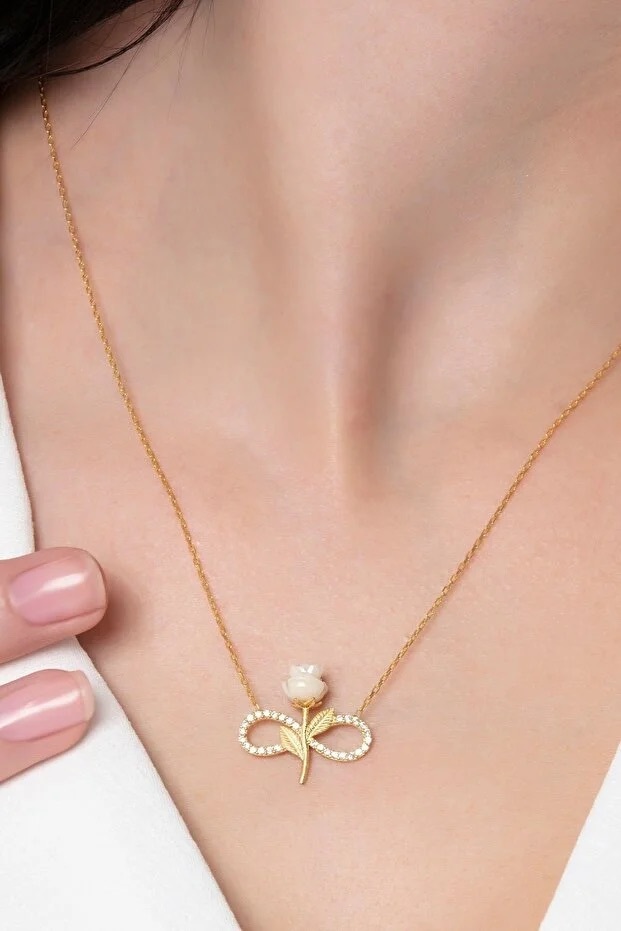 925 Sterling Silber vergoldete Weiße Rose Unendlichkeits-Halskette mit Zirkonia-Stein – Bild 2