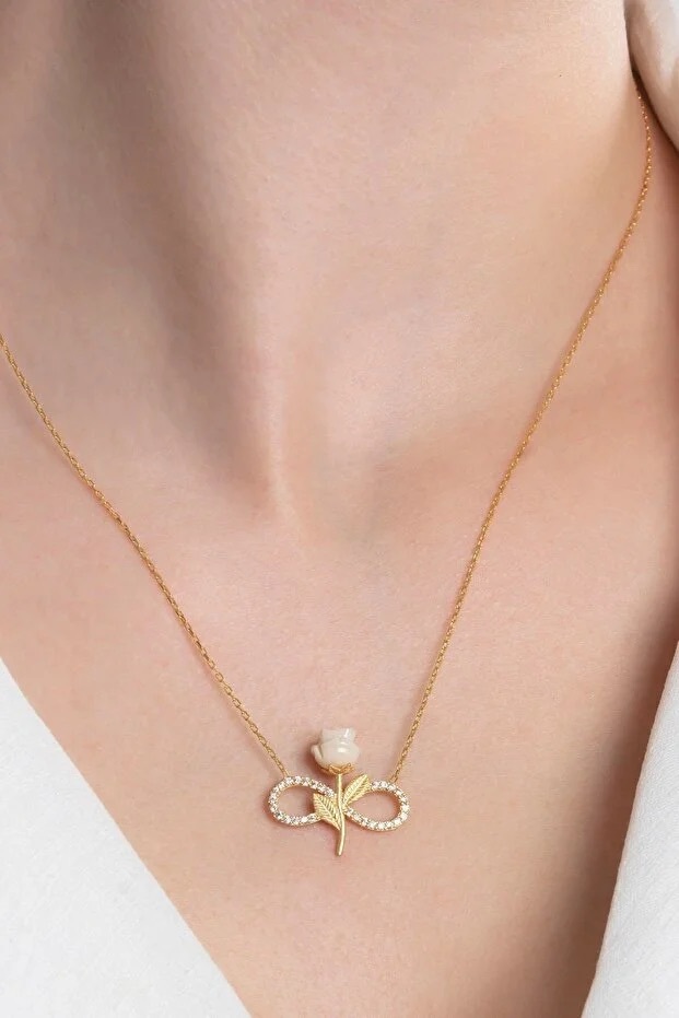 925 Sterling Silber vergoldete Weiße Rose Unendlichkeits-Halskette mit Zirkonia-Stein – Bild 4