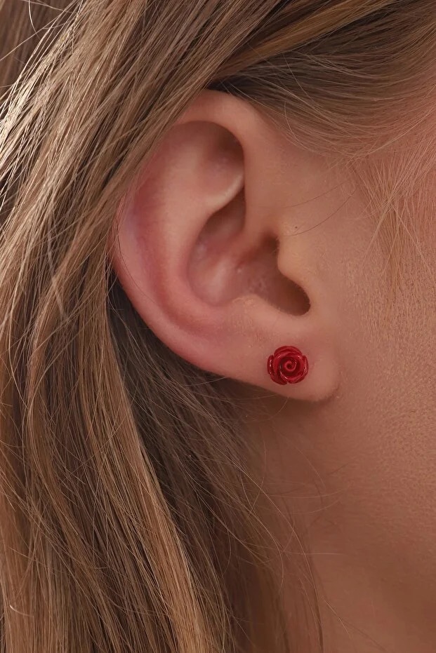 925 Sterling Silver Gold Plated Red Rose Earrings For Women - Image 3