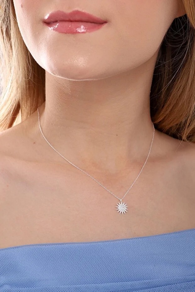 925 Sterling Silver Sun Pendant Necklace With White Zircon Stone - Image 3