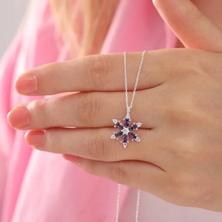 925 Sterling Silver Lotus Camellia Necklace With Amethyst Teardrop Stone