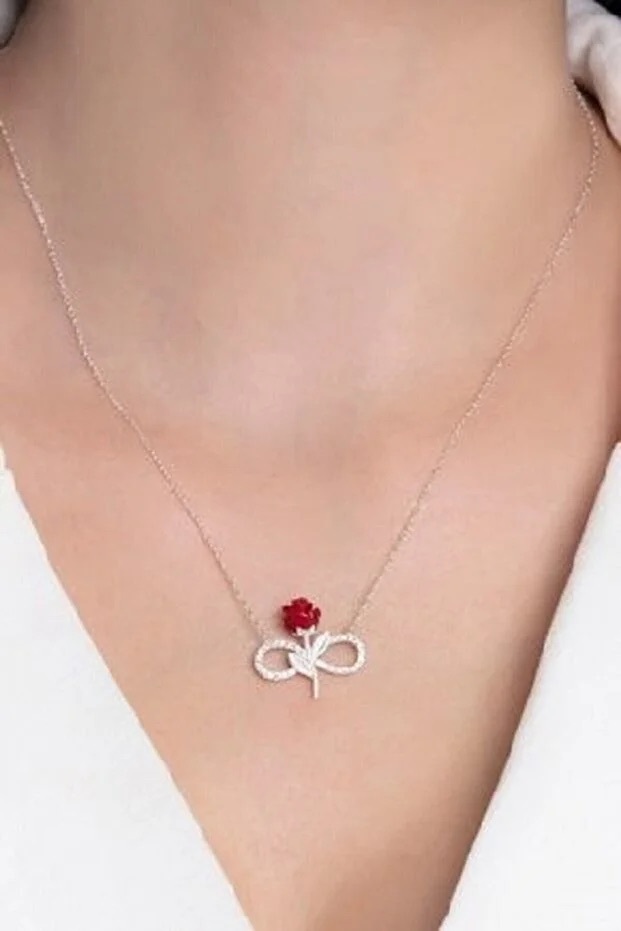 925 Sterling Silver Red Rose Infinity Necklace With White Stone - Image 3