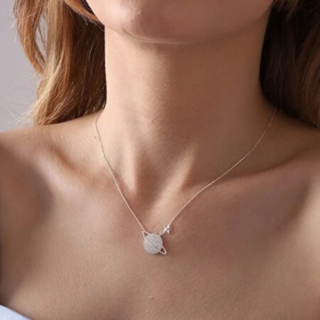 925 Sterling Silver Saturn Planet Necklace With White Zircon Stone